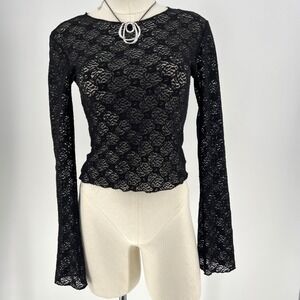 Windsor Black Lace Sheer Top Womens S Bell Sleeve WhimsyGoth Y2K Dark Romantic